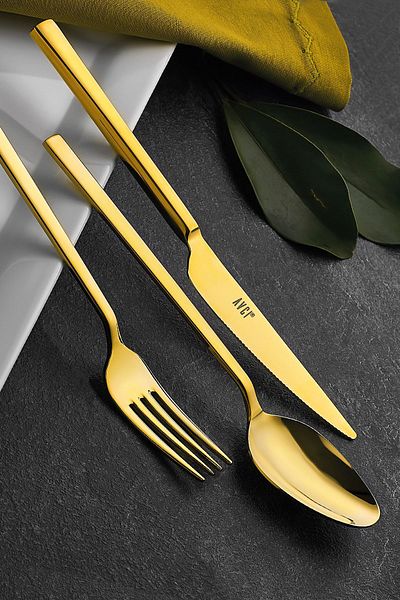Avcı Classy Titanium Shiny Gold 24 Piece Fork Spoon Knife Set 18/10 Stainless Steel