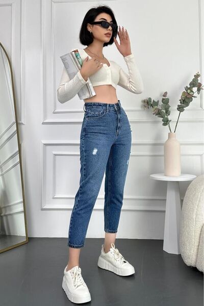 HLT JEANS Mavi Yıpratmalı Kadın Likralı Boyfriend Jean Yüksek Bel Esnek Kot Pantolon MABEL-MAVİYPT