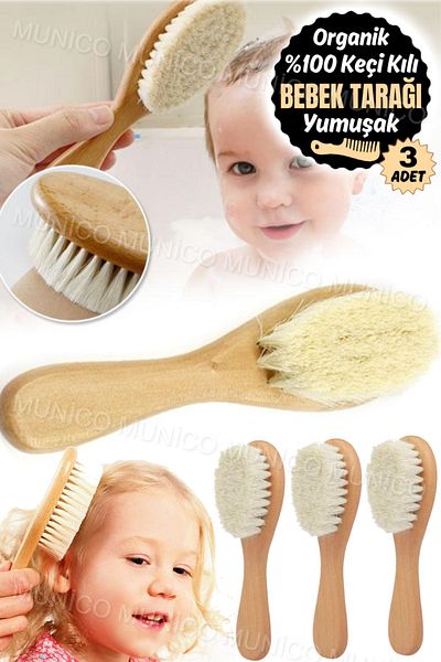Munico 3 Pieces Munico Soft Natural Goat Hair Wooden Handle Care Comb for 0+ Years Old Babies