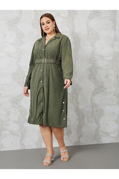 Styli Plus Belted Corduroy Midi Dress with Buttons