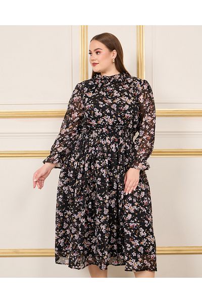 Styli Plus Ditsy Floral Print High Neck Smocked Waist Detail Midi Dress