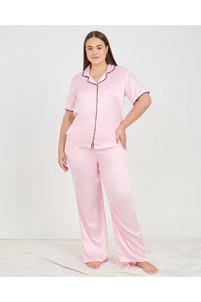 Styli Plus Contrast Stitch Detail Satin Shirt & Pyjama Set