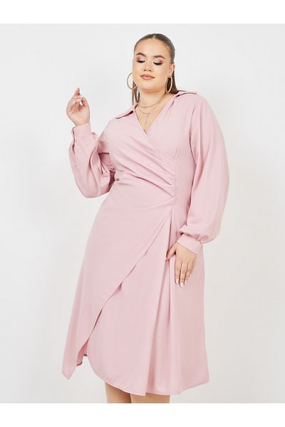 Styli Plus Pleated Collared A-line Midi Dress