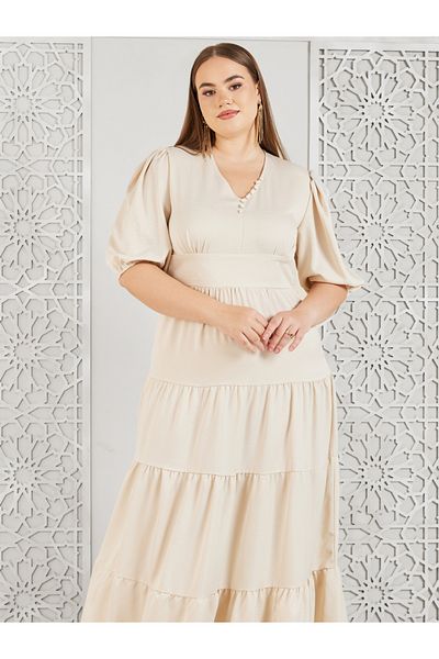 Styli Plus Satin Button Detail Tiered Maxi Dress