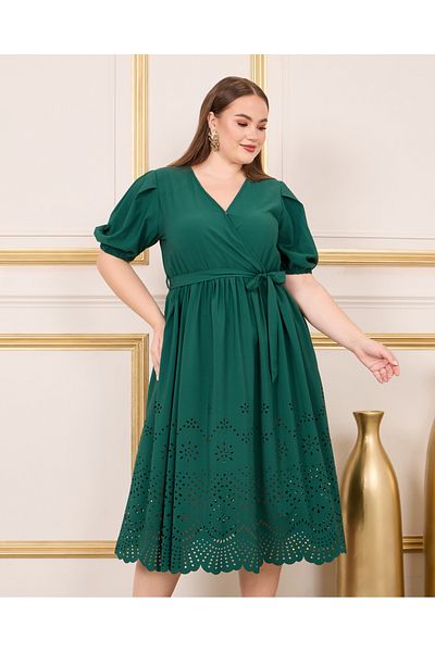 Styli Plus Schiffli Puff Sleeves Wrap Midi Dress