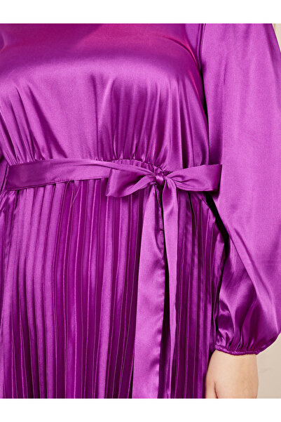 Styli Plus Satin Pleated Maxi Dress with Self Tie Up