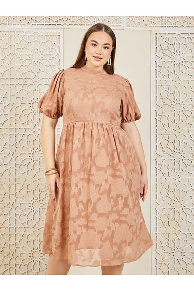 Styli Plus Burnout Texture High Neck A-Line Midi Dress