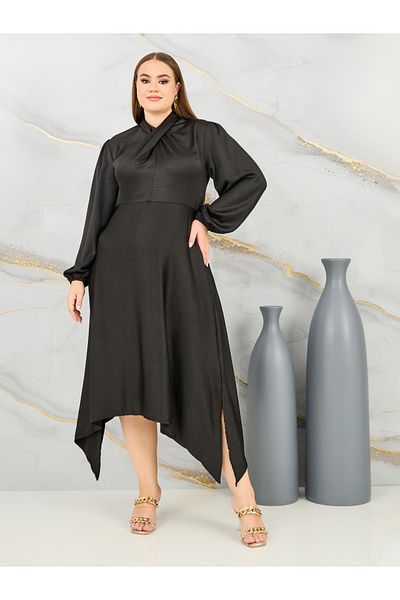 Styli Satin Halter Neck Long Sleeves Handkerchief Hem Midi Dress