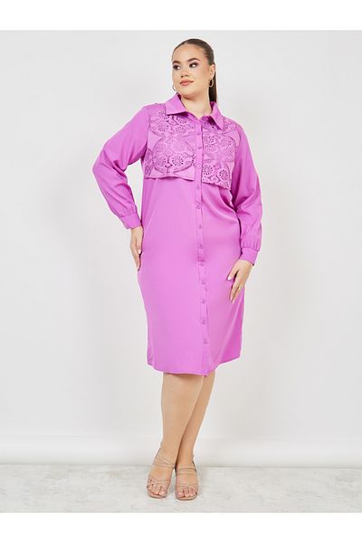 Styli Plus Lace Detail Shirt Midi Dress