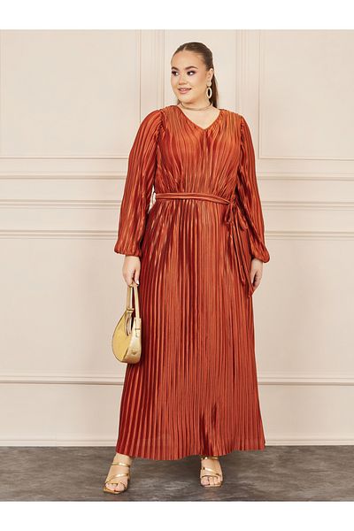 Styli Plus Metallic Plisse A-Line Maxi Dress with Self Tie Up