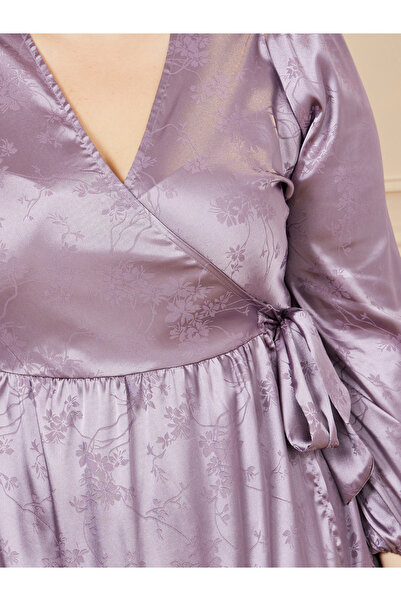 Styli Plus Satin Jacquard Print Tiered Wrap Midi Dress