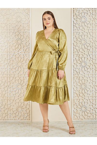 Styli Plus Satin Jacquard Print Self Tie Tiered Wrap Midi dress