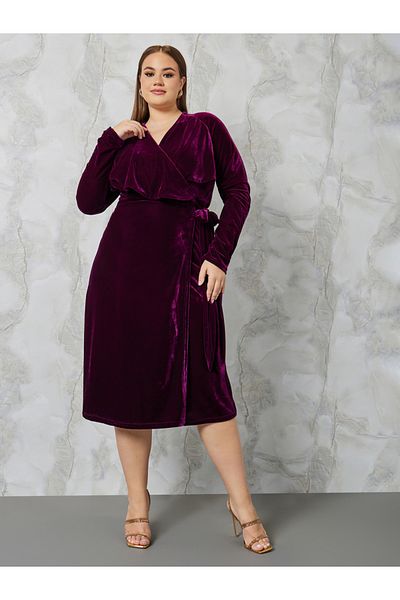 Styli Plus Velour Tie Front Wrap Midi Dress