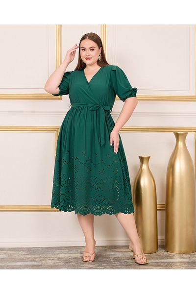 Styli Plus Schiffli Puff Sleeves Wrap Midi Dress