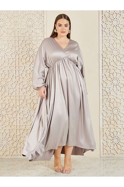 Styli Plus Satin Gathered Detail A-Line Maxi Dress