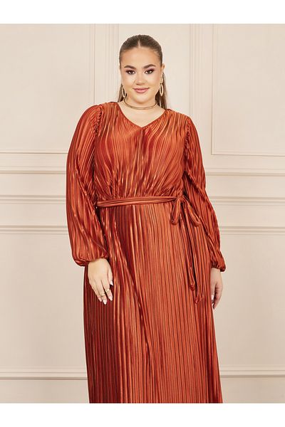 Styli Plus Metallic Plisse A-Line Maxi Dress with Self Tie Up