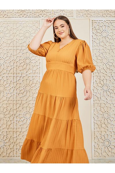Styli Plus Button Detail Tiered Maxi Dress