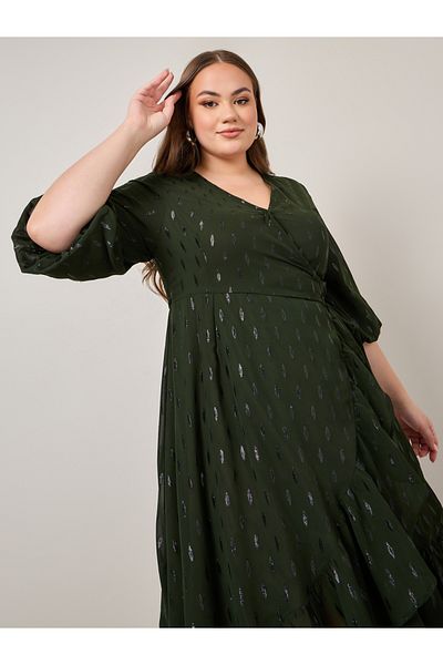 Styli Plus Asymmetric 3/4 Sleeve Wrap Midi Dress