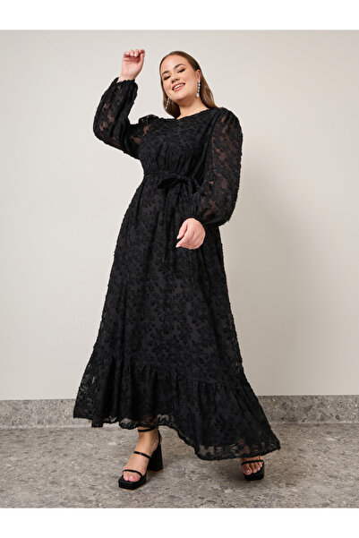 Styli Plus Textured Georgette Maxi Dress with Self Tie