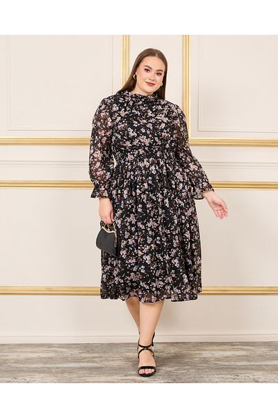 Styli Plus Ditsy Floral Print High Neck Smocked Waist Detail Midi Dress
