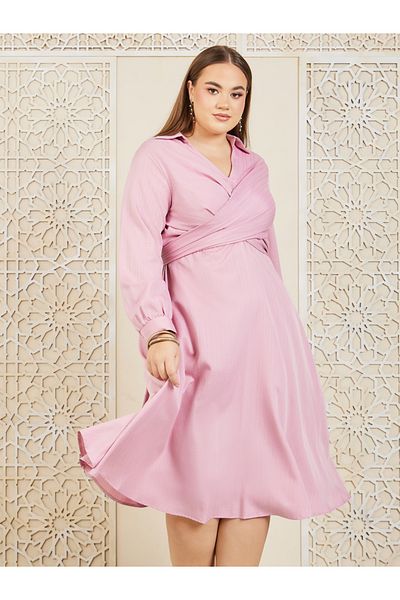 Styli Plus Textured Collared Back Tie Up A-line Midi Dress