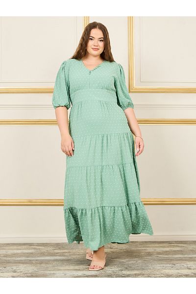 Styli Plus Button Detail Tiered Maxi Dress