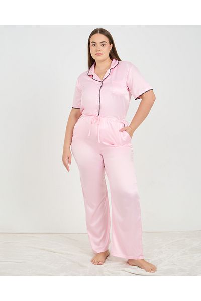 Styli Plus Contrast Stitch Detail Satin Shirt & Pyjama Set