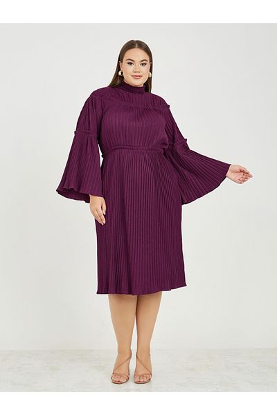 Styli Plus High Neck Pleated Midi Dress with Bell Sleeves