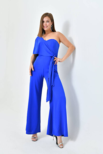 Neşeli Butik kadın saks mavisi kuşaklı straplez abiye tulum NBS9355