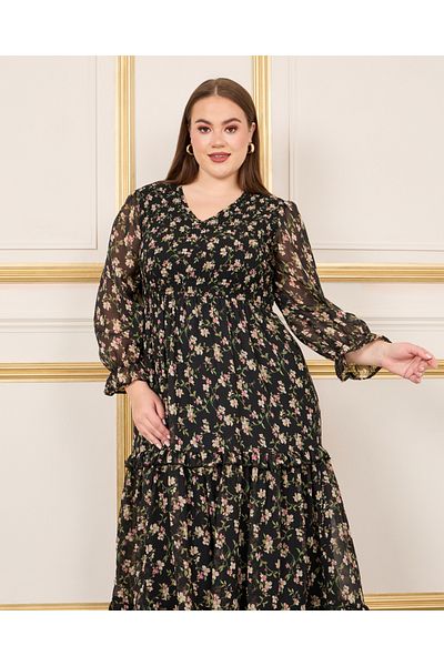 Styli Floral Print Smocked Ruffle Detail A-Line Maxi Dress