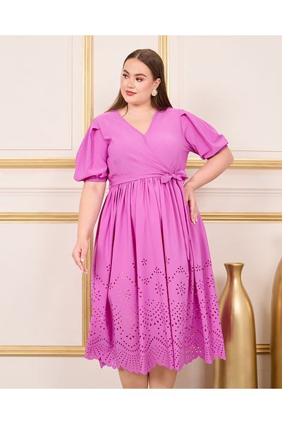Styli Plus Schiffli Puff Sleeves Wrap Midi Dress