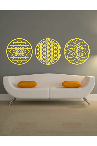 ahşap Yaşam Çiçeği Sriyantra Ve Torus 3 Lü Set Kutsal Geometri Torus Ve Shri Yantra gold tablo