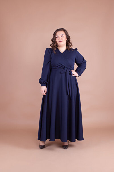 lovebox Еластична атласна тканина - Пояс з деталями, круазе комір, темно-синя максі сукня 110