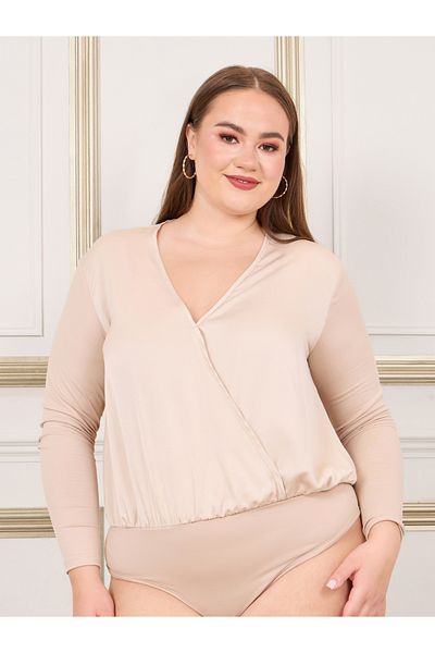 Styli Plus Satin Long Sleeve V Neck Bodysuit
