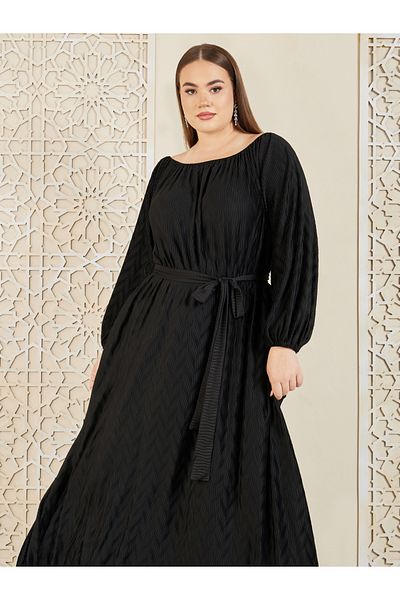 Styli Plus Satin Plisse Textured A-Line Maxi Dress with Self Tie Up