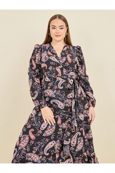 Styli Plus Paisley Print Ruffle Hem Wrap Midi Dress