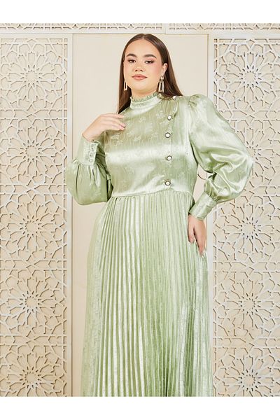 Styli Plus Satin Jacquard Print Accordion Pleats A-Line Maxi Dress