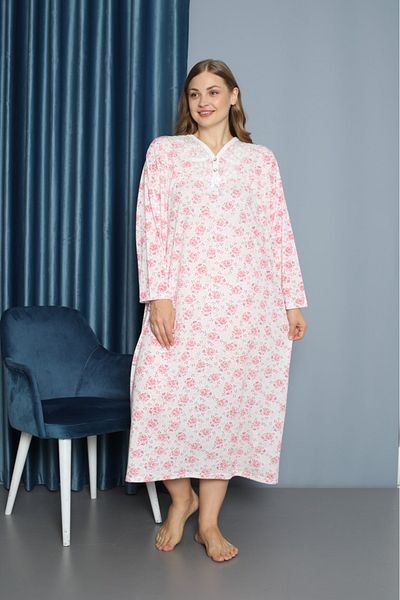 ERDENİZ TEKSTİL Long Sleeve Cotton Plus Size Women's Nightgown - Buttoned Collar