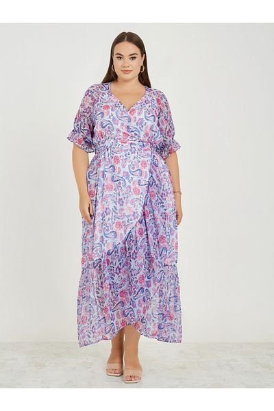 Styli Plus Paisley Print Lurex Stripe Wrap Maxi Dress