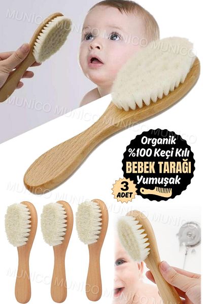 Munico 3 Pieces Natural Soft Bristles Newborn Hair Brush - Wooden, Child Small Comb