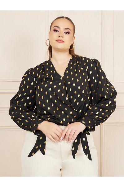 Styli Foil Print Tie Sleeves Wrap Style Top