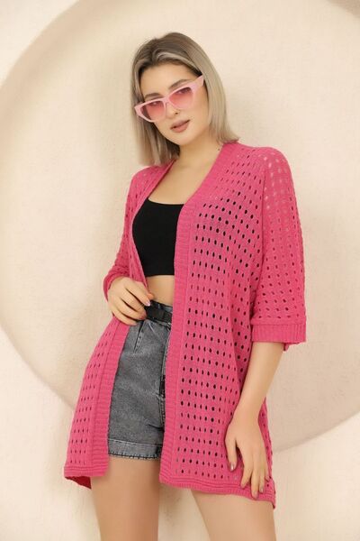ALCHON U Shawl Collar Half Sleeve Openwork Perforated Summer Midi Length Thin Knitwear Cardigan