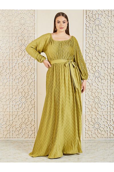 Styli Plus Satin Plisse Textured A-Line Maxi Dress with Self Tie Up