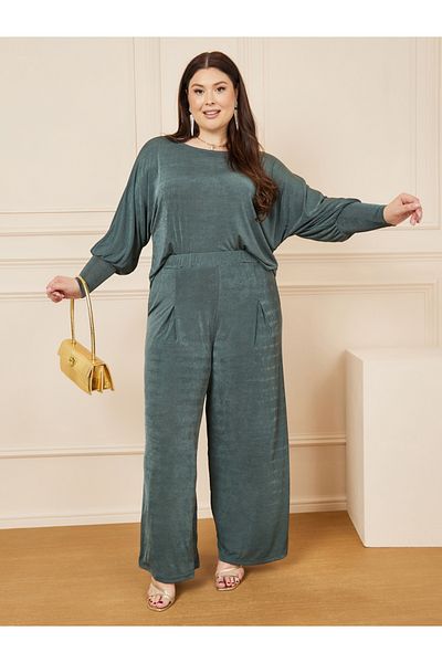 Styli Plus Batwing Sleeves Top and Wide Leg pants Set