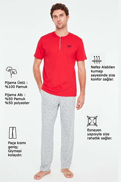 Mod Collection - Erkek Kırmızı Patlı Pijama Takımı
