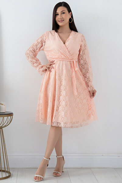 PULLIMM Kruvaze Yaka Kuşaklı Midiboy Dantel Abiye Elbise 13453