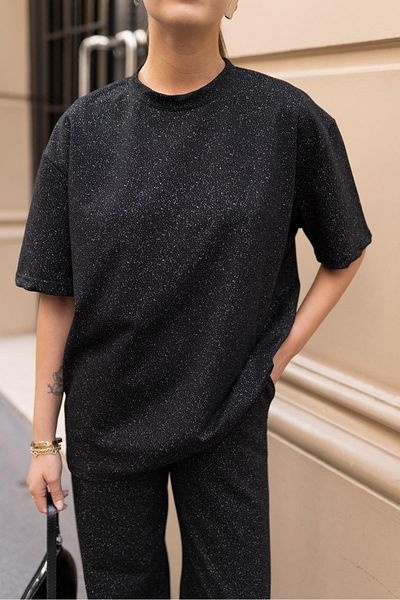 My Blog Set aus schwarzer Bluse und Hose mit halblangen Ärmeln und Glitzer