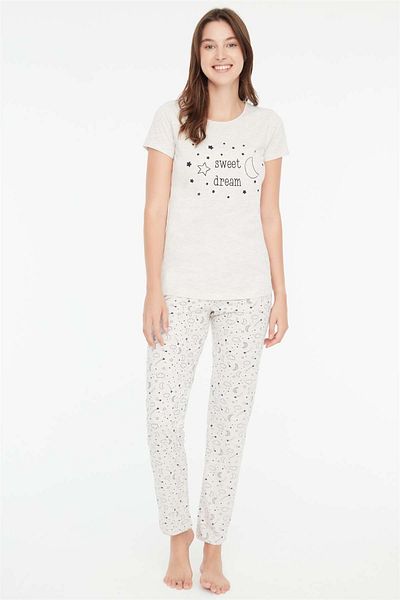 Mod Collection - Set de pijamale de damă bej Melange cu gât rotund