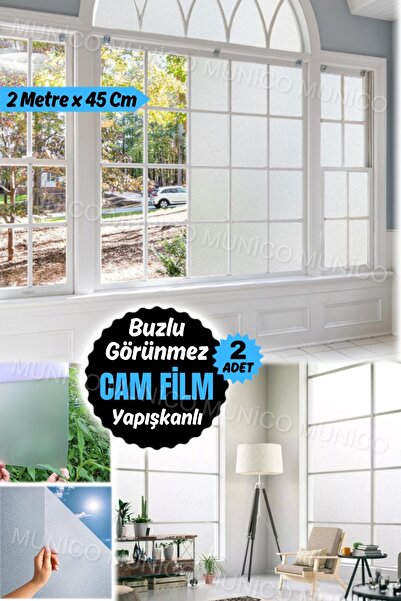 Munico 2 Adet x 2 Metre x 45 Cm Duşakabin Banyo Camı Kaplama Yapışkanlı Film Mat Beyaz Cam Filmi Buzlu Film