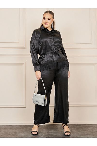 Styli Plus Satin Jacquard Tassel Hem Shirt and Wide Leg Pant with Self Tie Up Set